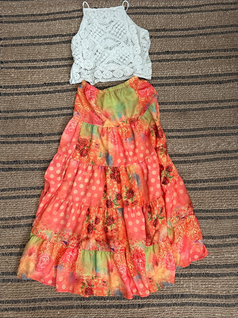 White Crochet Halter Top and Coral Floral Tiered Skirt Set dress